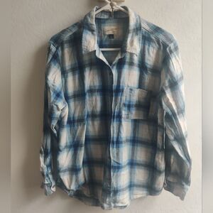 Universal Threads Mens white & blue checkered plaid Button down cotton shirt_Lar